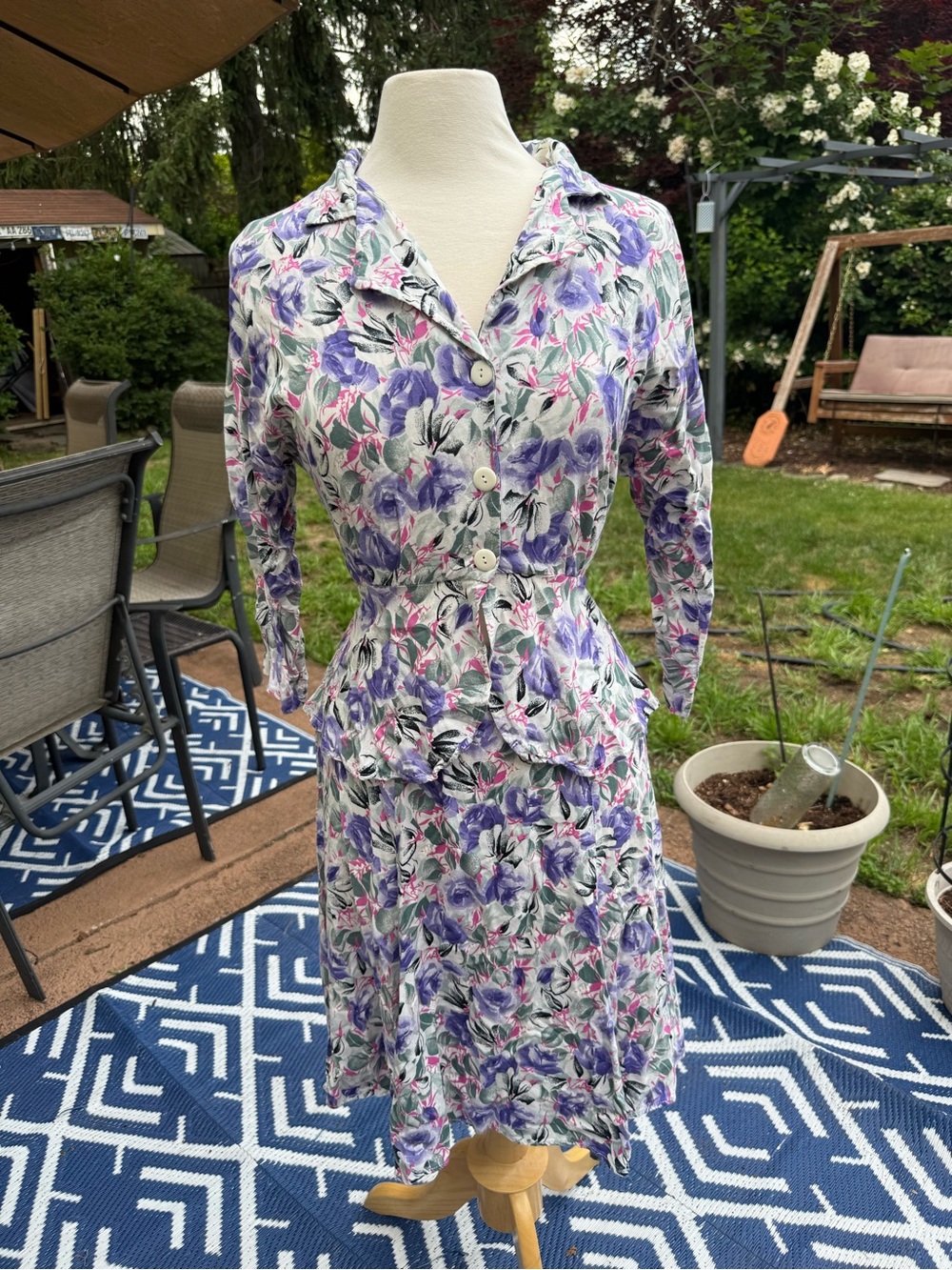 Vintage 1980s Floral Skirt Suit Set Purple Rose Print Peplum S 3 Cottagecore